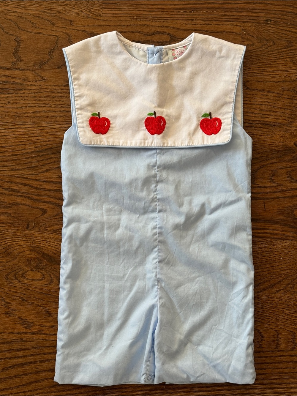 Cecil And Lou Blue Boys Romper with Red Apple Embroidery